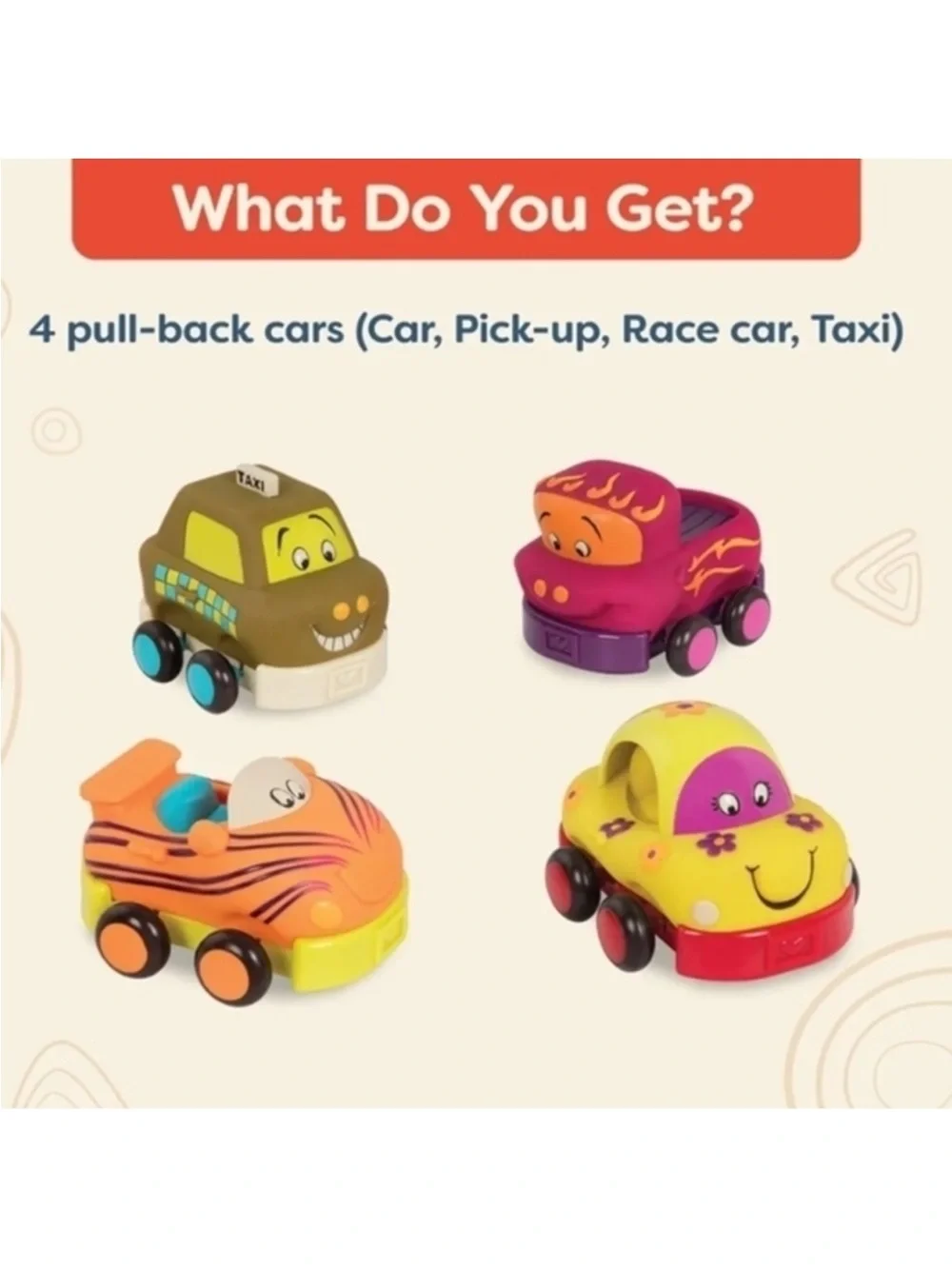 Bright Pull-Back Toy Car Pack - Yellow, Orange, Pink, Brown